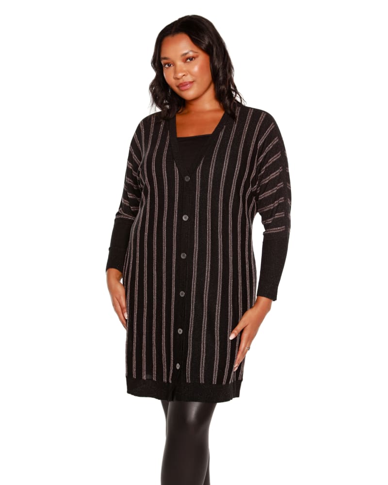 Front of a model wearing a size 1X Plus Size Lurex Detail Duster Sweater Cardigan in Black by Belldini. | dia_product_style_image_id:319468